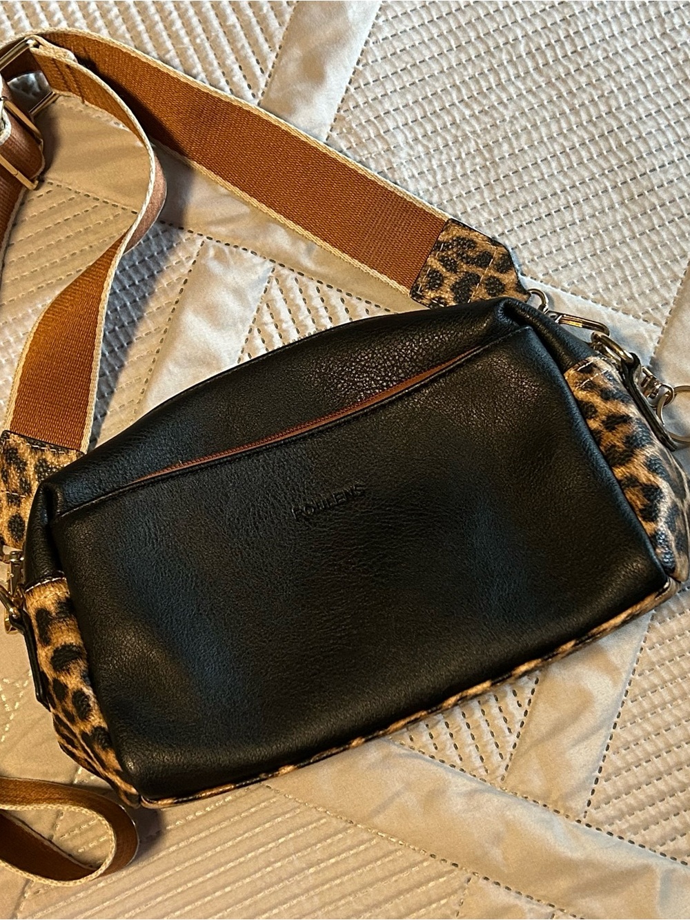 Black Vegan Leather Crossbody Bag with Leopard Trim